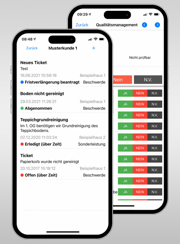 Screenshots aus der iOS-App zum Ticketsystem und Qualitätsmanagement